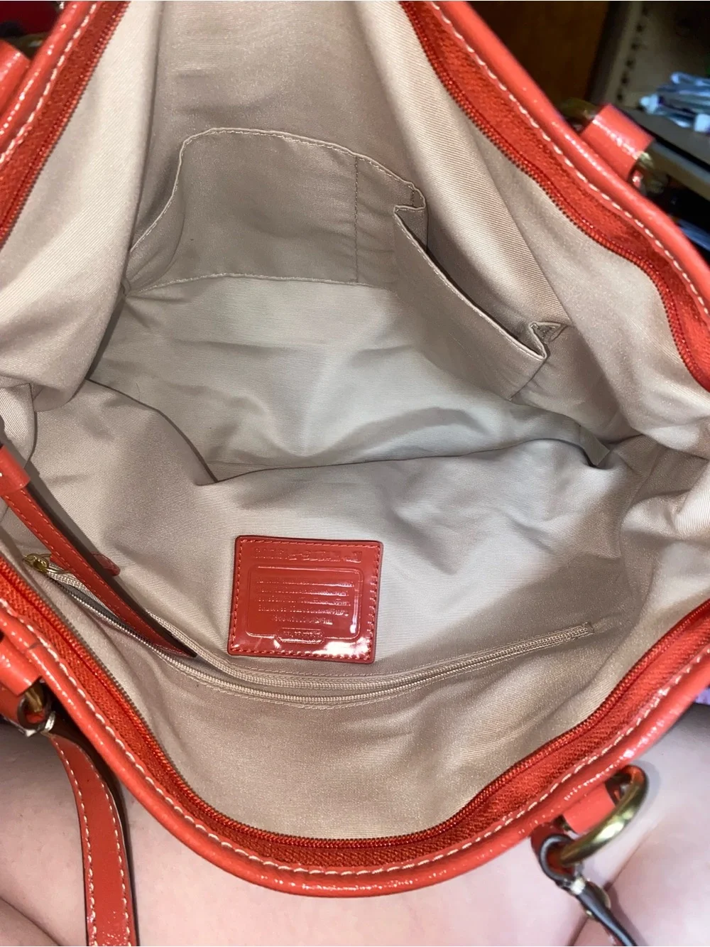 Coach Brown Signature Tote with Coral Trim